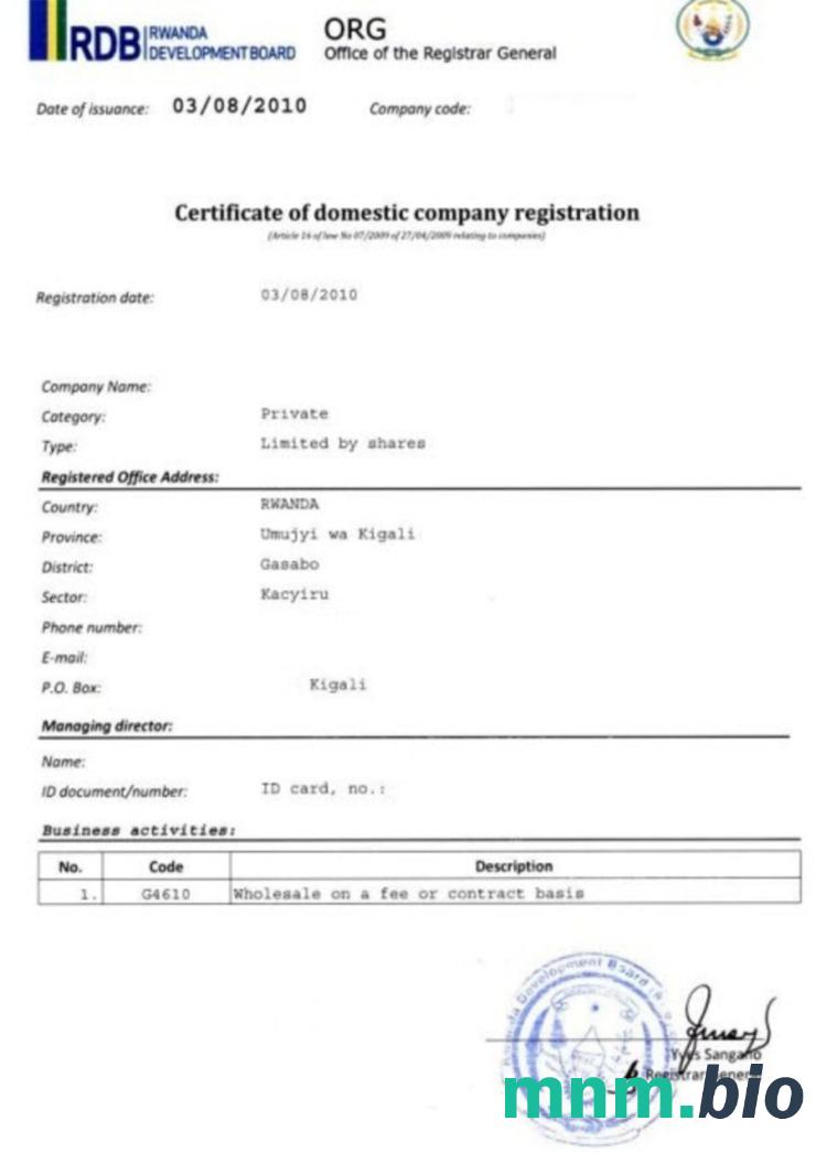 Rwanda vcertyfikat of domestic company registration